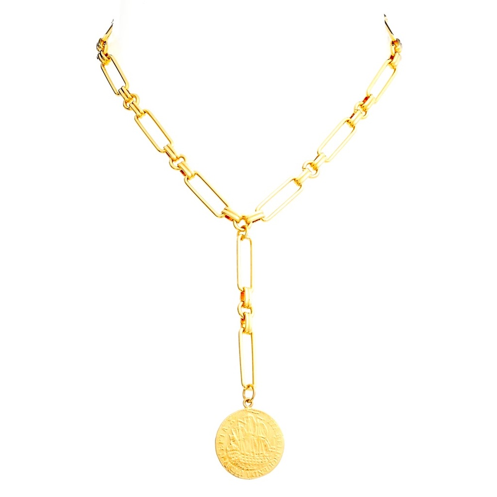 Gold lariat necklace with medallion detail.